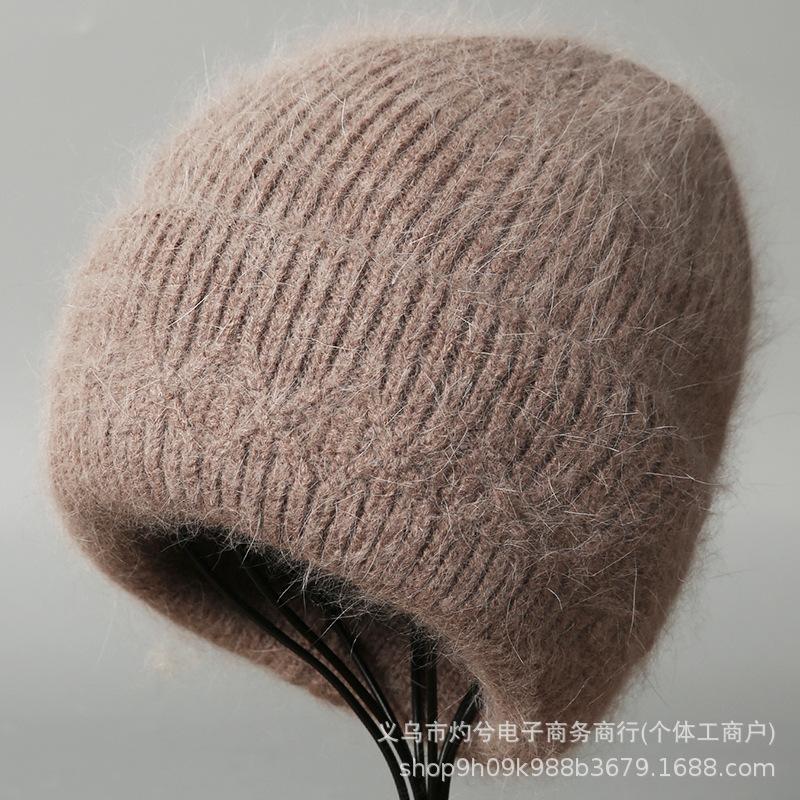 Autumn and Winter New Rabbit Fur Knitted Hat Warm Thickened Large Head Circumference Plush Ear Protection Wool Hat Women's Versatile Leisure