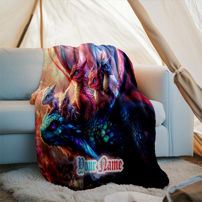 1PC Custom Name Fantasy Dragon Parade flannel blanket versatile,all-season throw suitable for the living room,bedroom,camping,travel,and gift