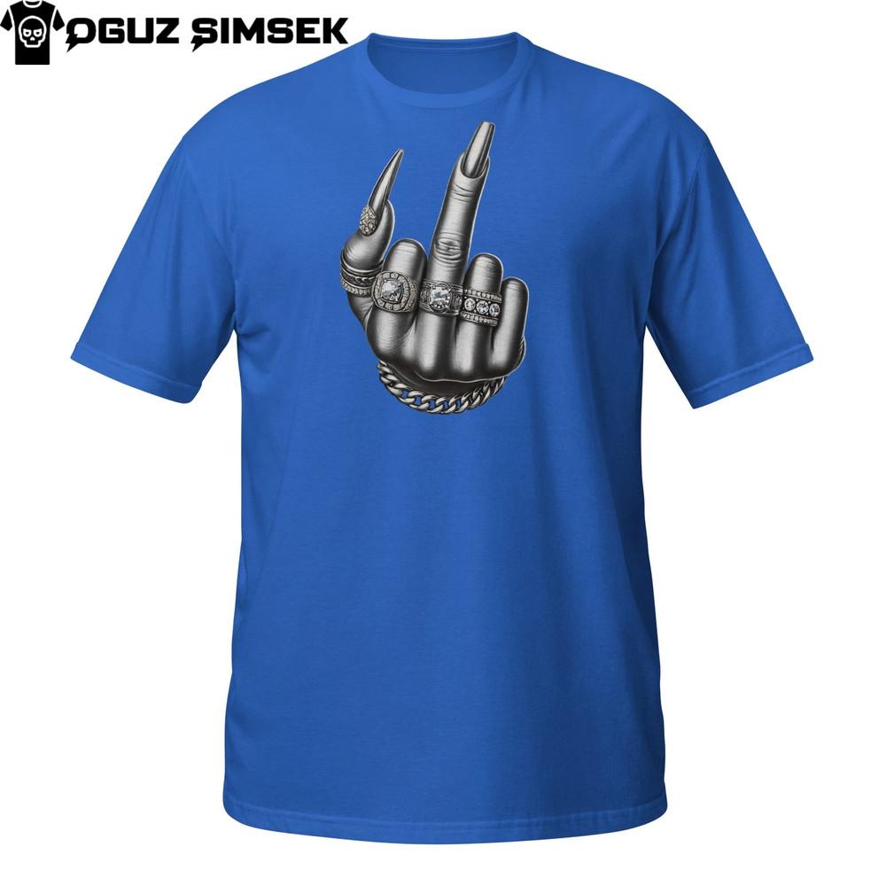 

Silver Middle Finger T-Shirt – Female Hand with Long Nails and Rings Graphic Tee M