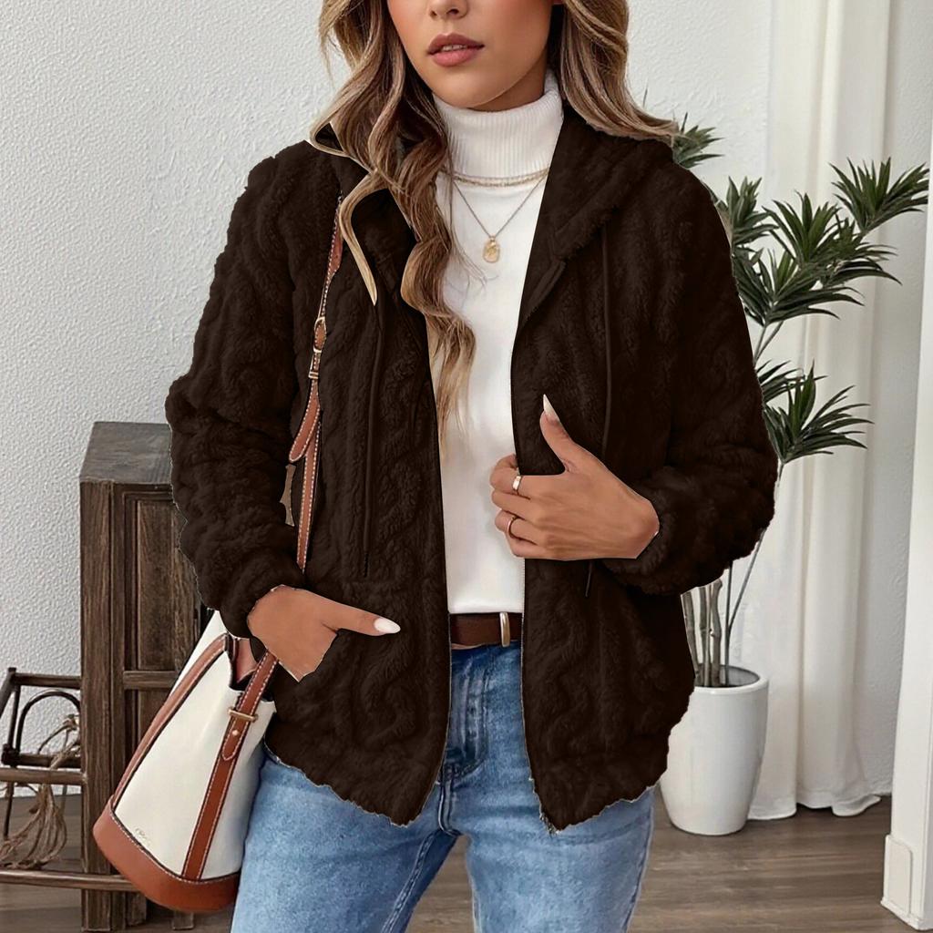 Damen Plüschjacke, Lässige einfarbige Kapuzenjacke mit Kordelzug