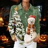 Women's Casual Christmas Print Button Down Long Sleeve Collared Blouse Top with Side Slits
