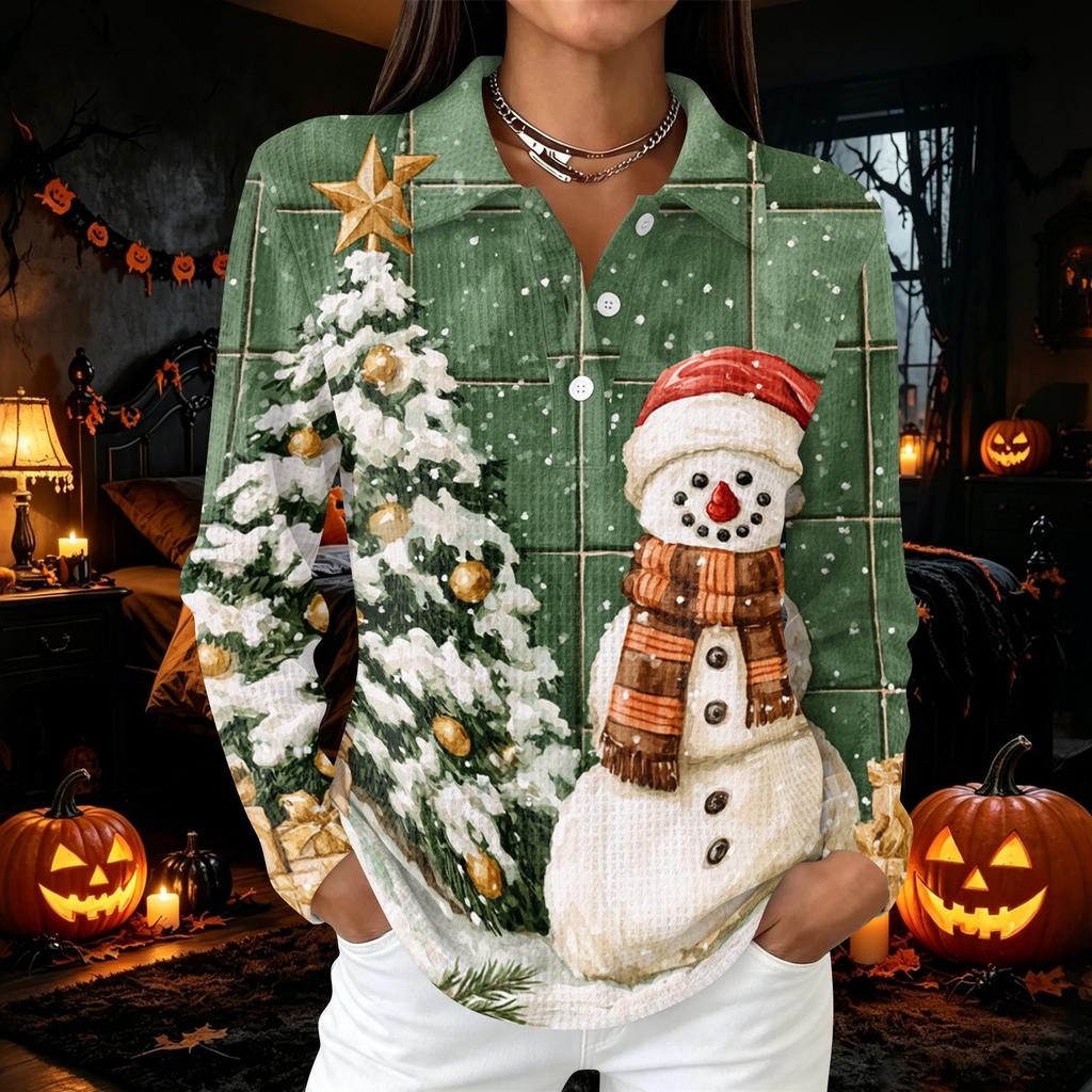 Women's Casual Christmas Print Button Down Long Sleeve Collared Blouse Top with Side Slits