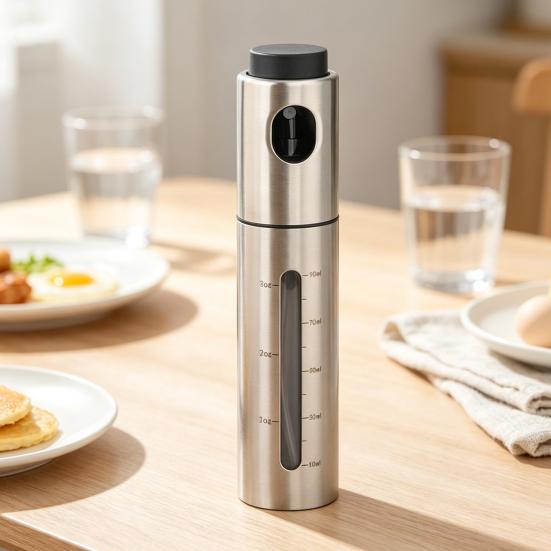 Kitchen Oil Spray Bottle Stainless Steel with Scale Mark, 100ml Press Type Atomized Precise Control Tool Dispenser for BBQ Baking, Rust Resistant Fine