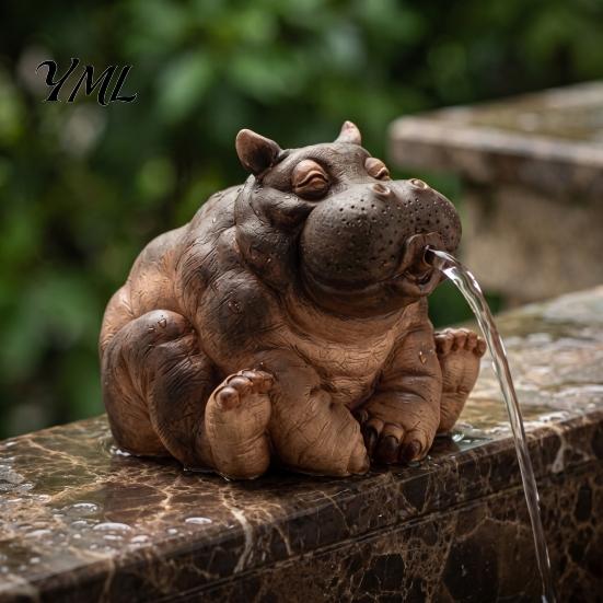 Resin Hippo Figurine Water Spitting Hippopotamus Figurine, Realistic Statue, Animal Ornament Fountain Sculpture for Garden Pond Pool Decoration Decor