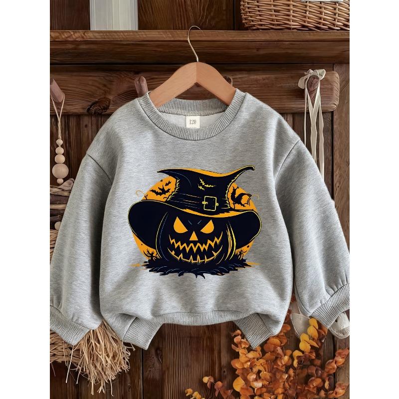 Girls' Beige White Short Sleeve Sweatshirt - Pinkish-Beige Round Neck Casual Winter Sweater with Witch & Pumpkin Print