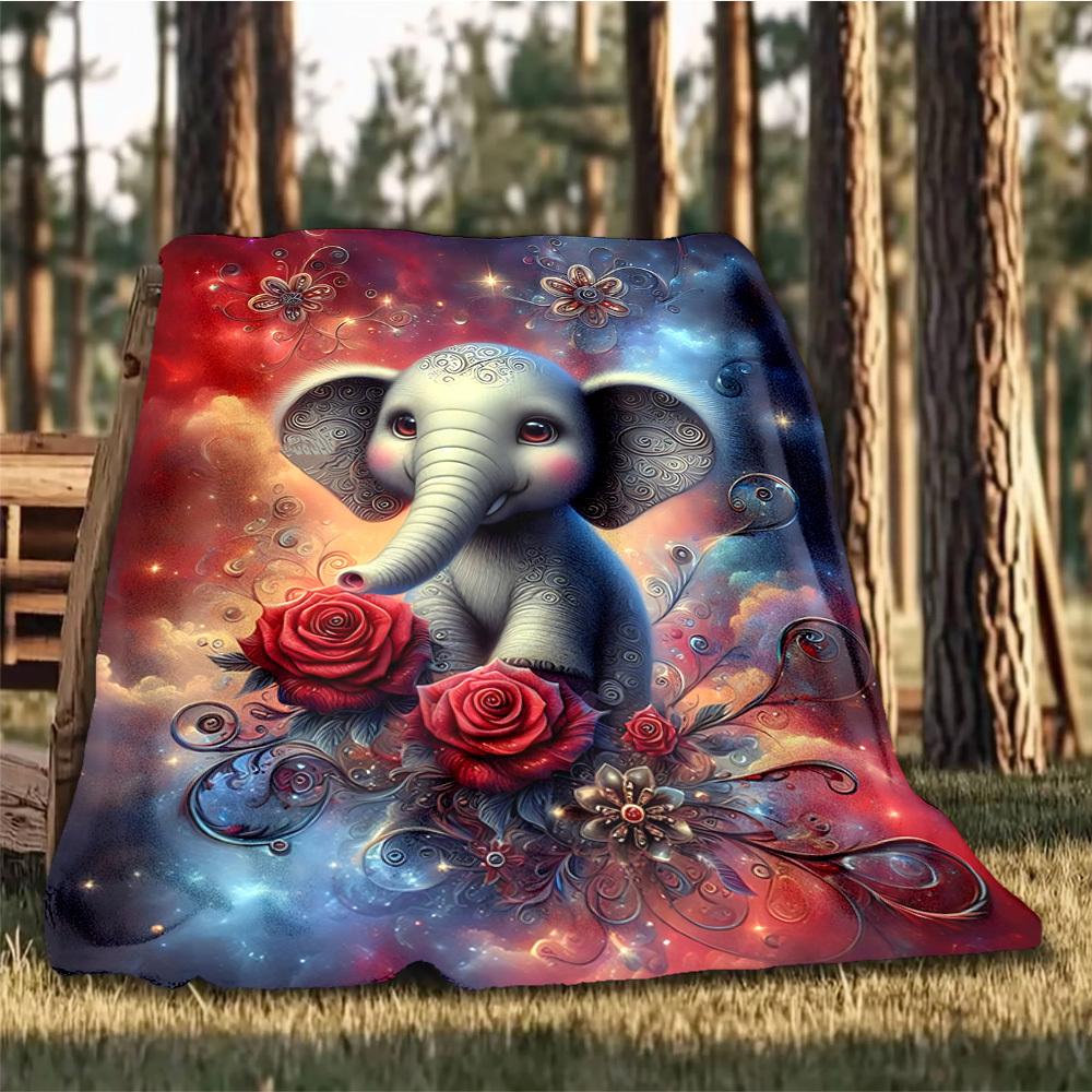 1pc Elephant Roses Fantasy Outdoor Flannel Blanket , Machine Washable Perfect Gift for Birthday , Holiday Travel Accessory , Durable Material