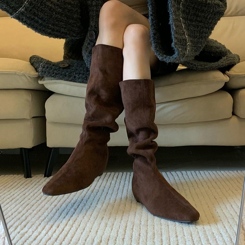 Blue cabinet version! Autumn and winter western cowboy boots women's retro niche large tube circumference thin inner height increasing pleated
