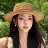 Old Money Wind Hollow Woven Flat Top Straw Hat Women's Summer Seaside Vacation Wind French Retro Top Hat Sunscreen Visor Hat