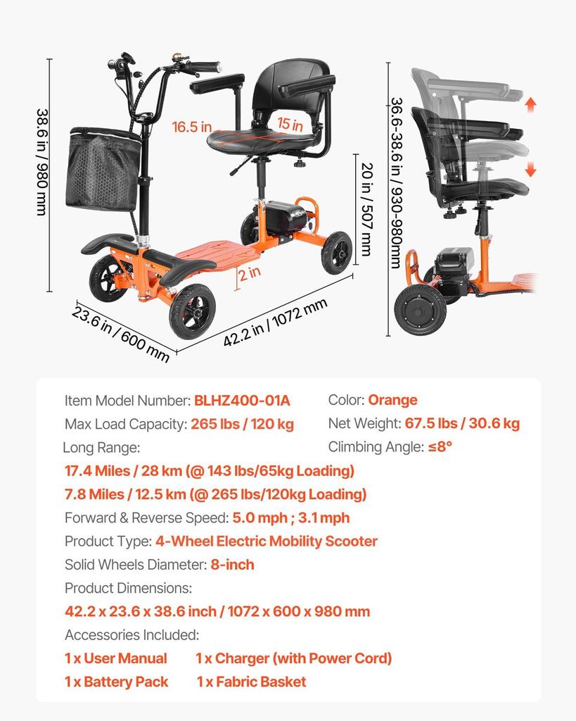 Scooter elettrico pieghevole a 4 ruote per adulti e anziani, Scooter elettrico con capacità di carico 120 kg, Sedia a rotelle da viaggio all-terrain con batteria al litio da 48V