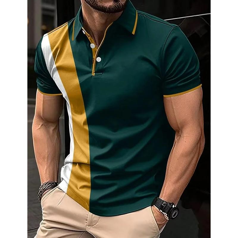 3D Printed Striped Color Blocked Men's Polo Shirt with Colorful Pattern Short Sleeved T-shirt