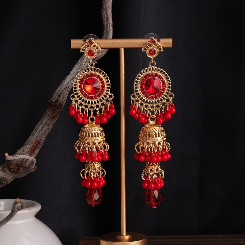 Bohemian Ethnic Style Earrings Retro Carved Long Fringed Earrings With Diamonds And Water Droplets Light Luxury Premium Earrings