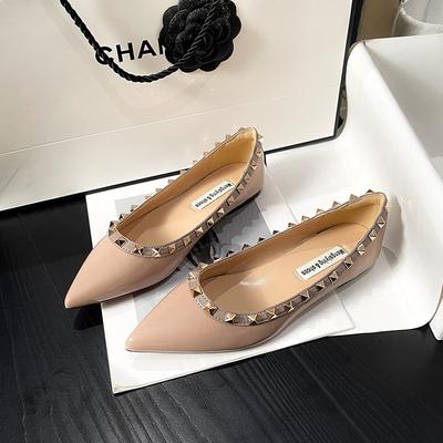 Shallow Mouth Shoes Woman Flats Pointed Toe Modis Soft Rivets Studs Dress 2025 Ballerinas New Fashion Shallow Mouth Korean Shoes