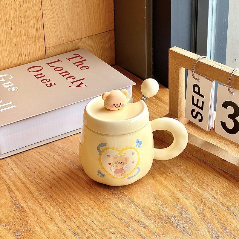 Butter Bear Mug with Lid Girl Cute Ceramic Drinking Water Cup Couple Coffee Cup Birthday Gift