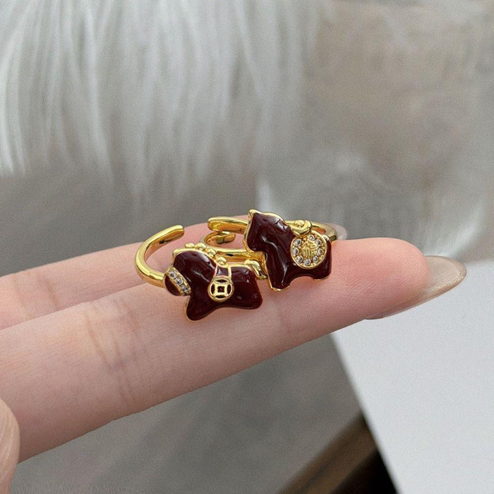 Cartoon Zodiac Horse Ring Adjustable Opening Ring Stackable New Year Drip Oil Ring Decoration