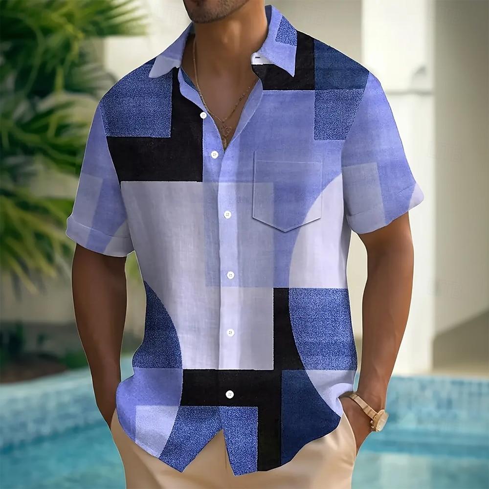 Herren Geometrisches Color Block Patchwork Hemd Knopfhemd Kurzärmelig Mode Lässig Sommer Kragen 3D-Druck mit Tasche Hemd