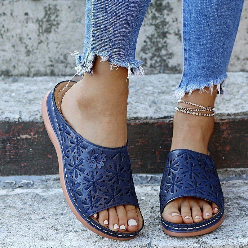 Large size women's shoes summer flowers fish mouth sandals hollow slope heel cool slippers women comfortable