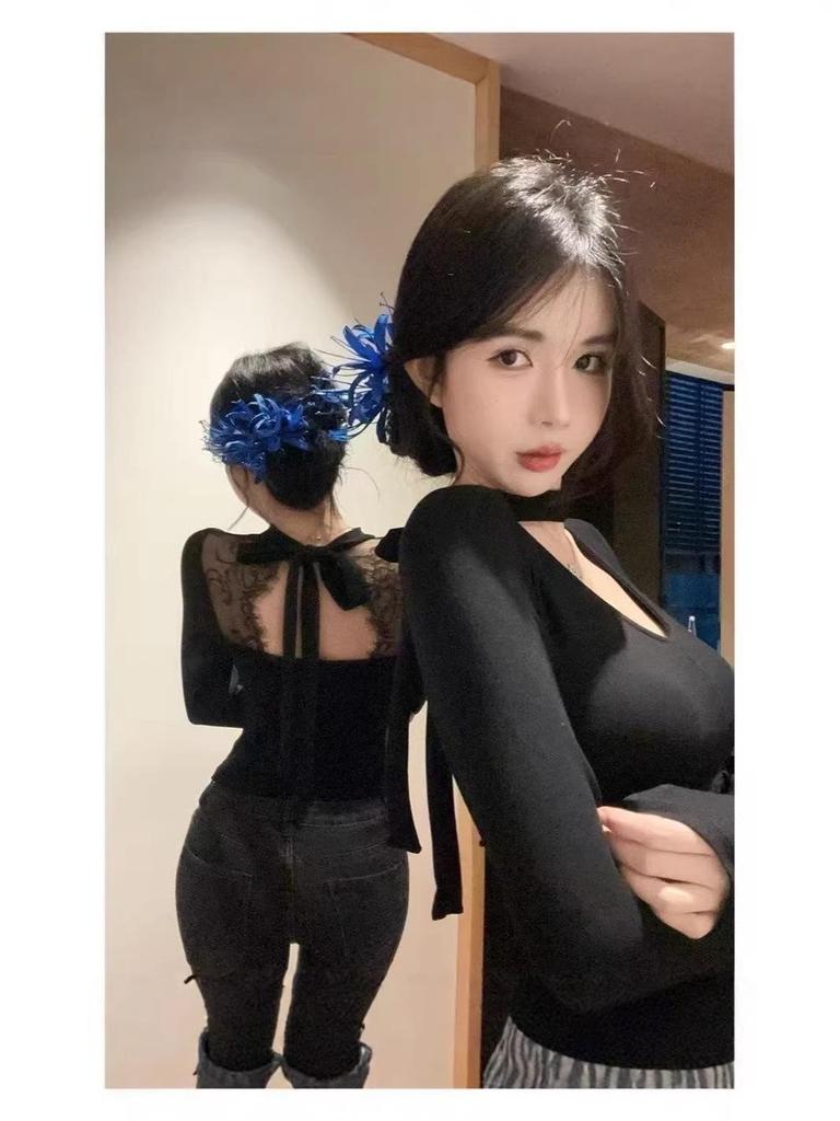 Backless Lace Long Sleeve Thermal T-shirt: 2025 Autumn/Winter Versatile Fleece Solid Color