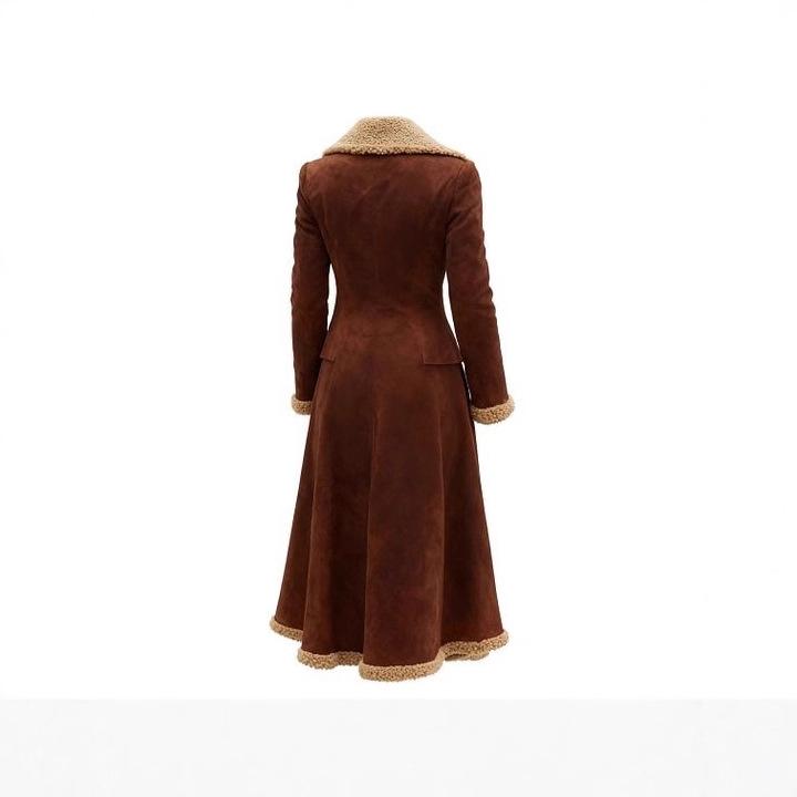 Cowboy Women's Western Retro Windbreaker Plush Autumn and Winter Fashionable Warm Jacket Splicing Long Style