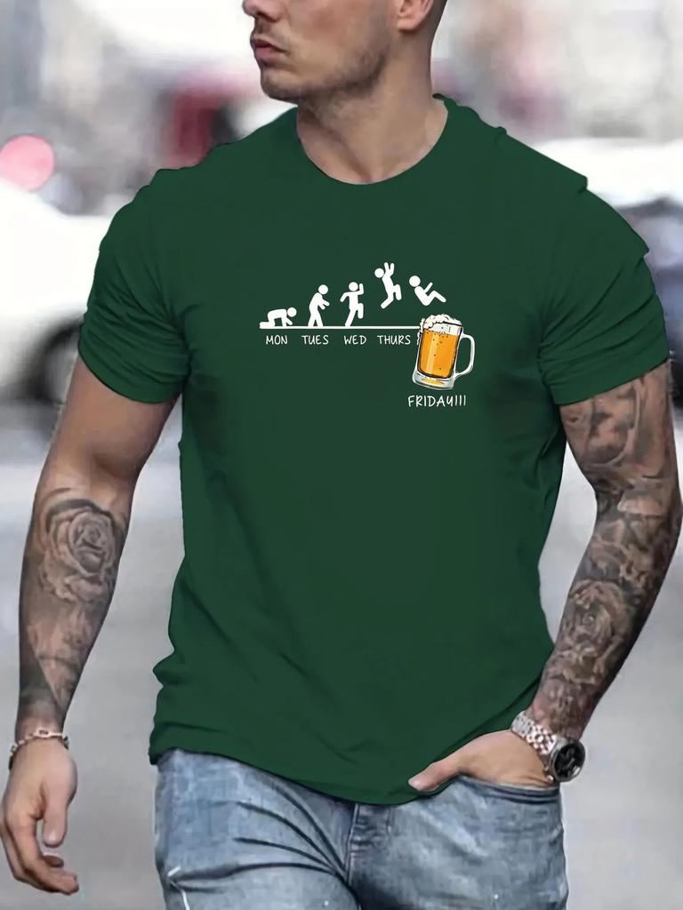 Summer Men's 100% Cotton Casual Loose Size Jumping In Beer Print Round Neck Short Sleeved T-shirt Top