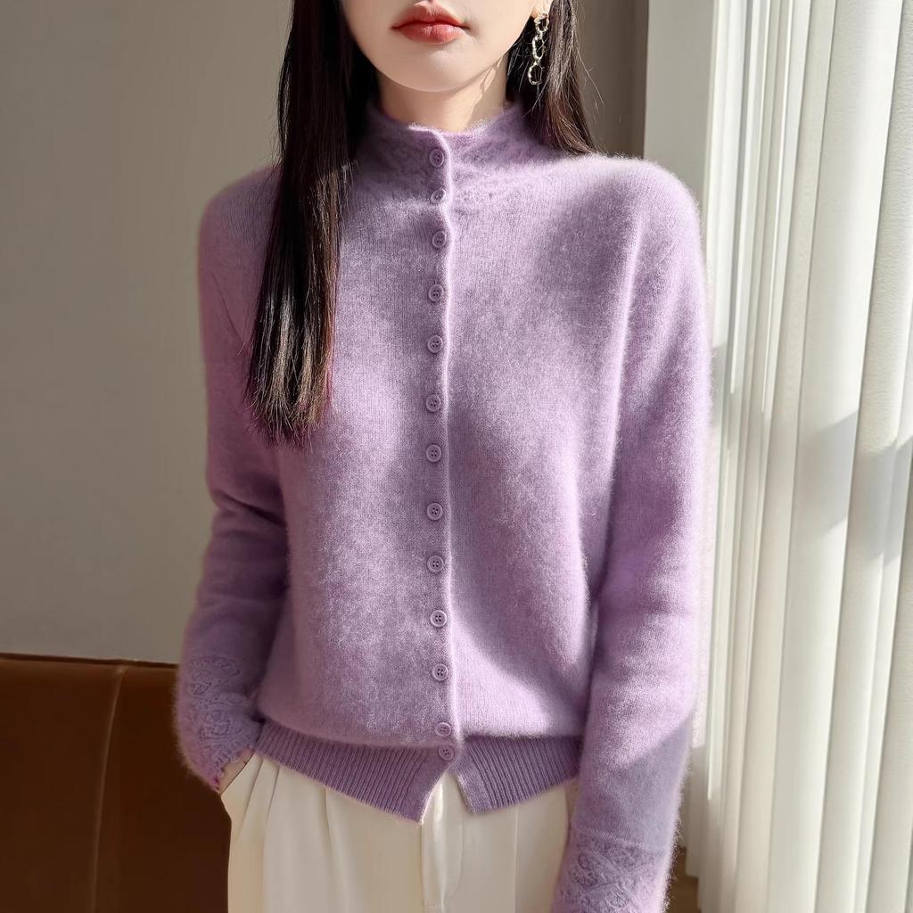 Women's Velvet Cardigan: Cozy Half-High Collar, Loose Fit, Versatile Winter Sweater.