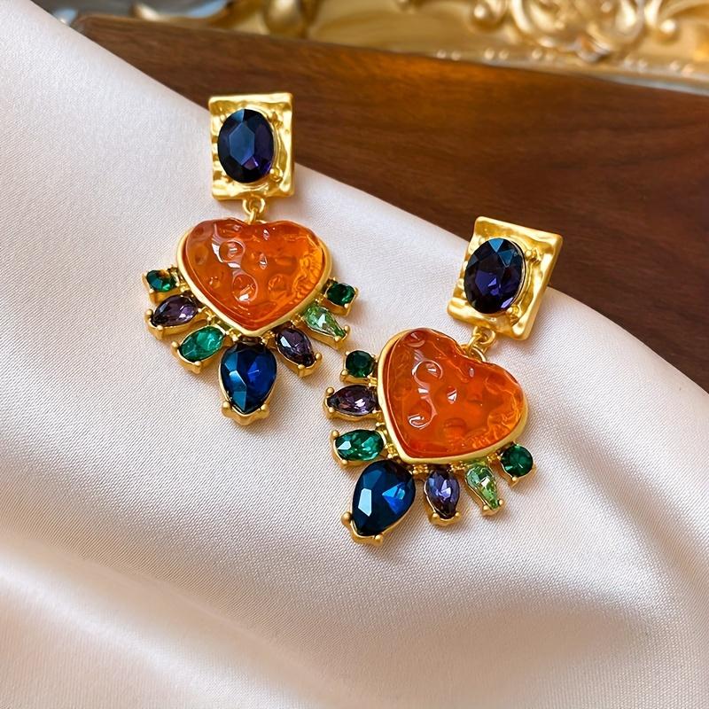 Vintage Exaggerated Exquisite Big Heart Glass Multi Color Crystal Stone Drop Earring Women Girls Fashion Zircon Accessories