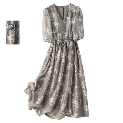 Women's Printed V-Neck A-Line Midi Dress