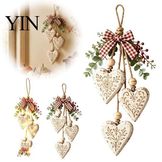 Wooden Bead Wall Hanging Heart-Shaped Decorative Ornaments with LED Light, Rustic Farmhouse Heart Pendant Decor Vintage Beads & Jute Rope for