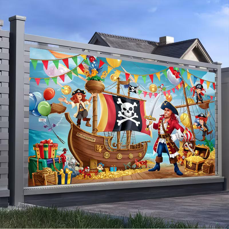 2D buntes Piratenabenteuer Geburtstagsfeier Banner mit Wimpelketten