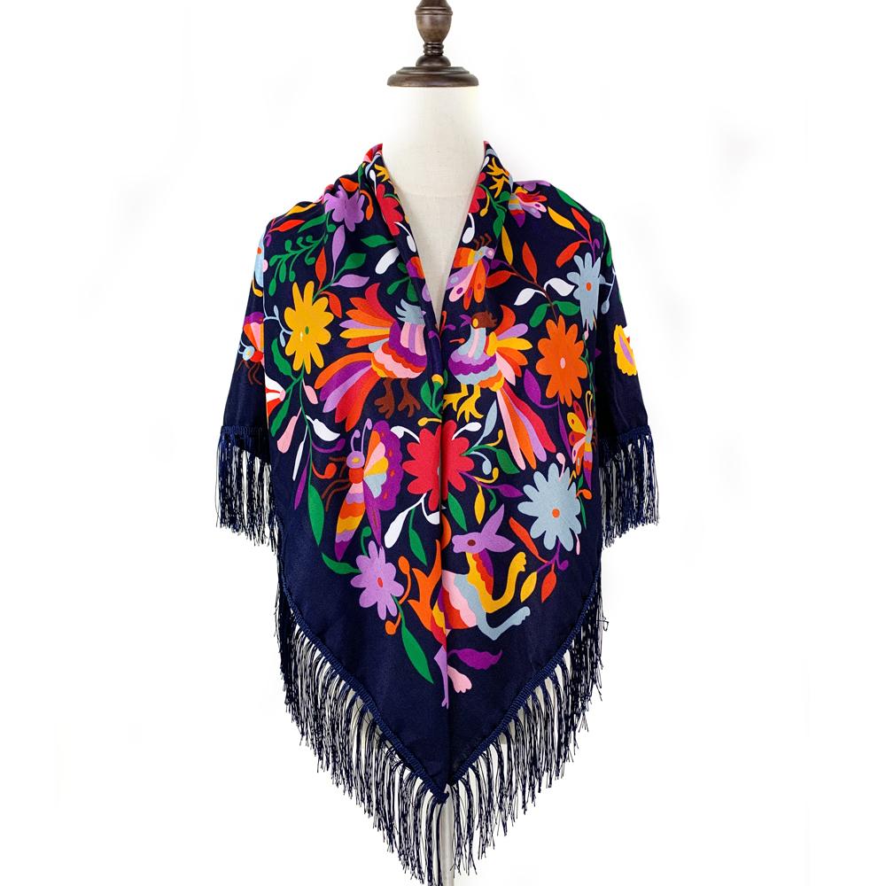 135*135Cm Russian Spain Square Scarf Women Flowers And Birds Bandana Fringed Shawl Babushka Handkerchief Female Head Wraps