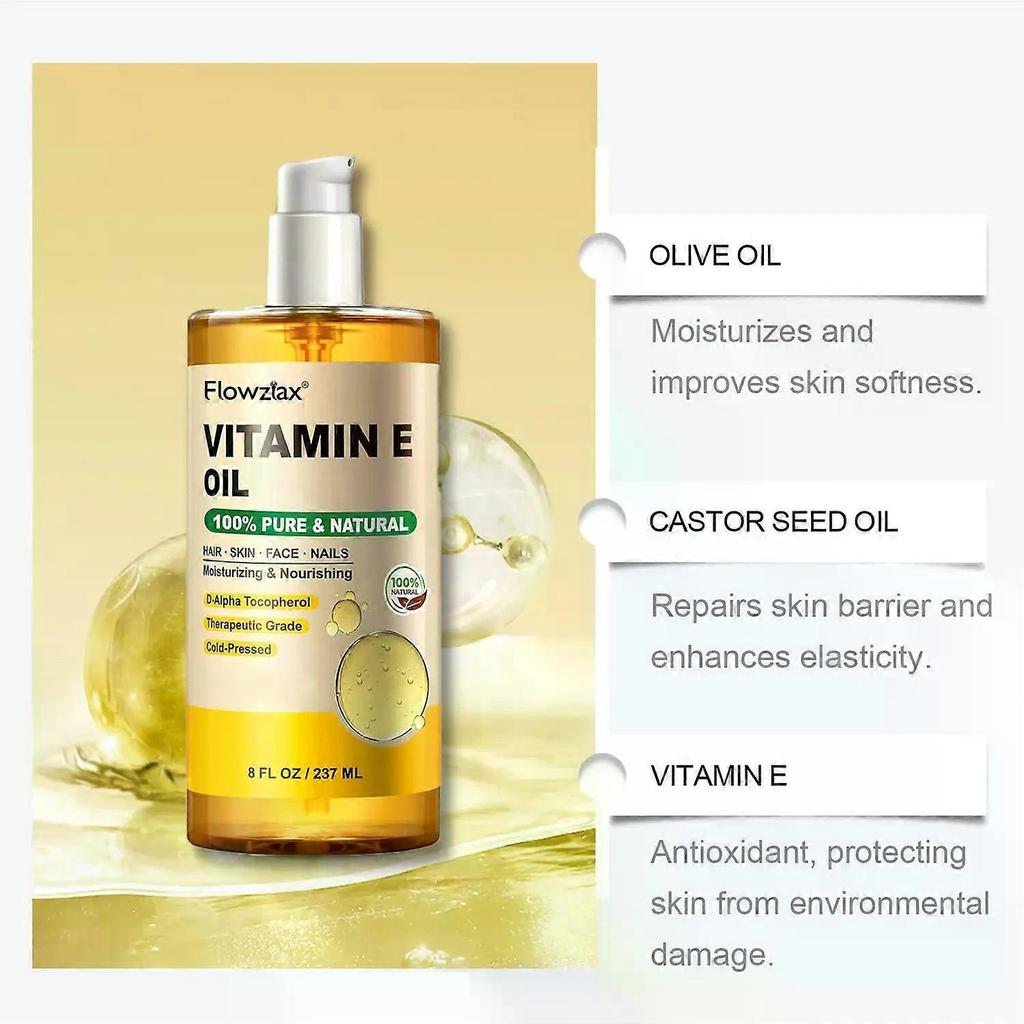 Óleo de Vitamina E 100% Puro - 237 ml, Óleo de Vitamina E Orgânico para Cicatrizes, Pele, Rosto, Unhas e Cabelo, Nutre e Hidrata a Pele, Melhora a Textura da Pele
