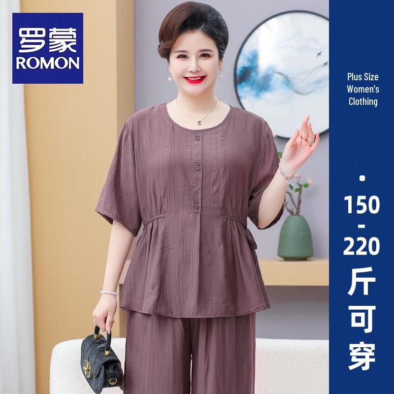 

ROMON Plus Size Spliced Short Sleeve Two-Piece Set for Middle-Aged Women 2XL