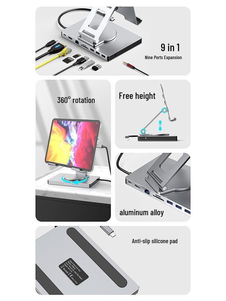 4K60Hz USB-C Docking Station with Gigabit Ethernet, USB 3.2 Splitter, Rotating Mobile/Tablet Bracket Expansion Dock
