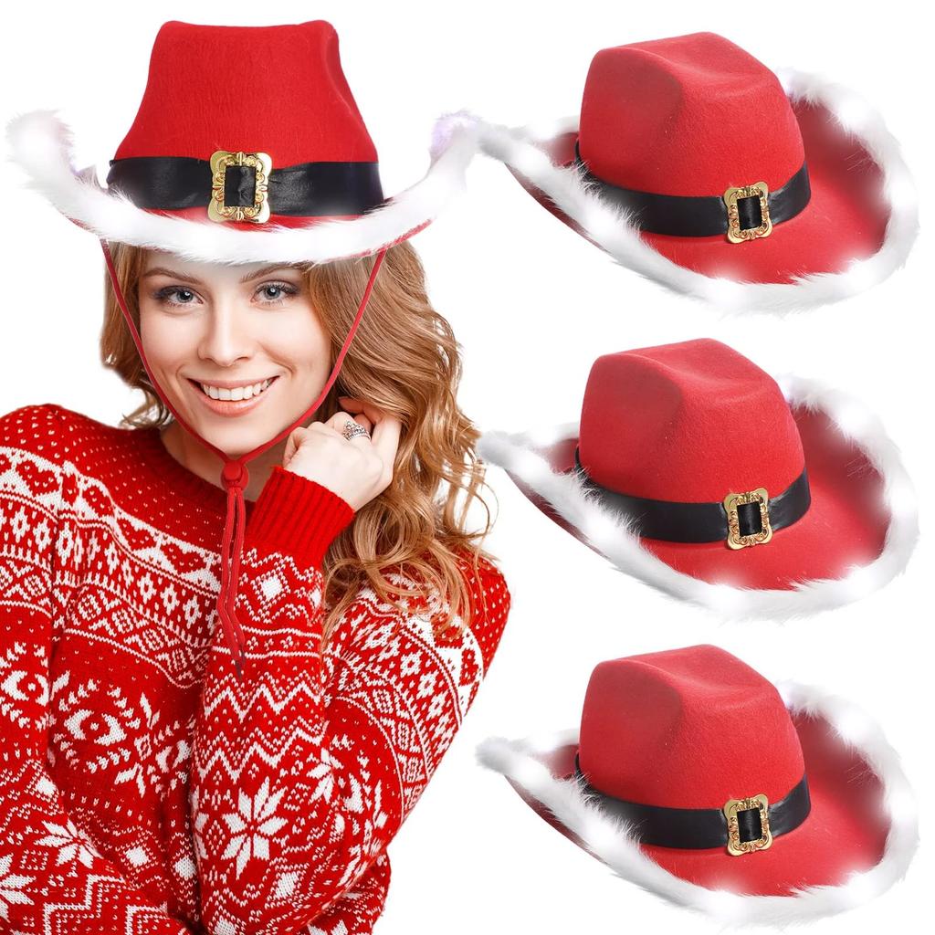 Fluffy Santa Claus Party Christmas Luminous Cowboy Hat Western Red Felt Hats Wide Brim Cowgirl Hat Jazz Hat for Women Men