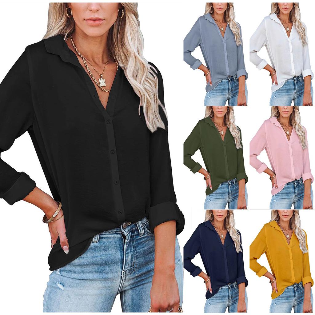 Women's Fashion Casual Buckle Long Sleeve Sleeve Slit Shirt Tops Solid Color