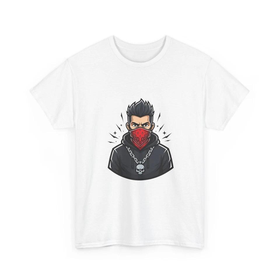 Masked Character T-Shirt | Bandana Cool Graphic Tee, Skull Chain, Red/White Tee M