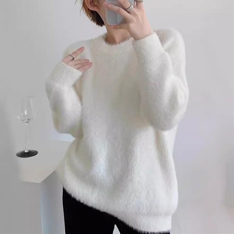Soft Fuzzy Faux Mink Knit Sweater Women Round Neck Loose Fit Long Sleeve Pullover Cozy Oversized Mid-Length Top In