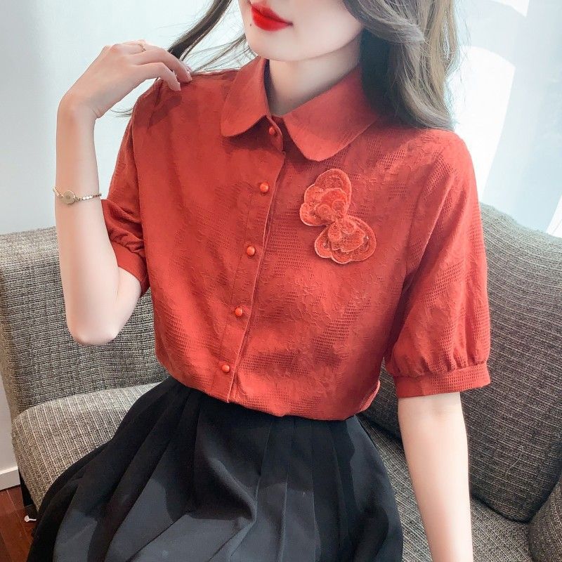 Summer New Style Jacquard Embroidery Casual Fashion Versatile Women's Short Sleeve Shirt