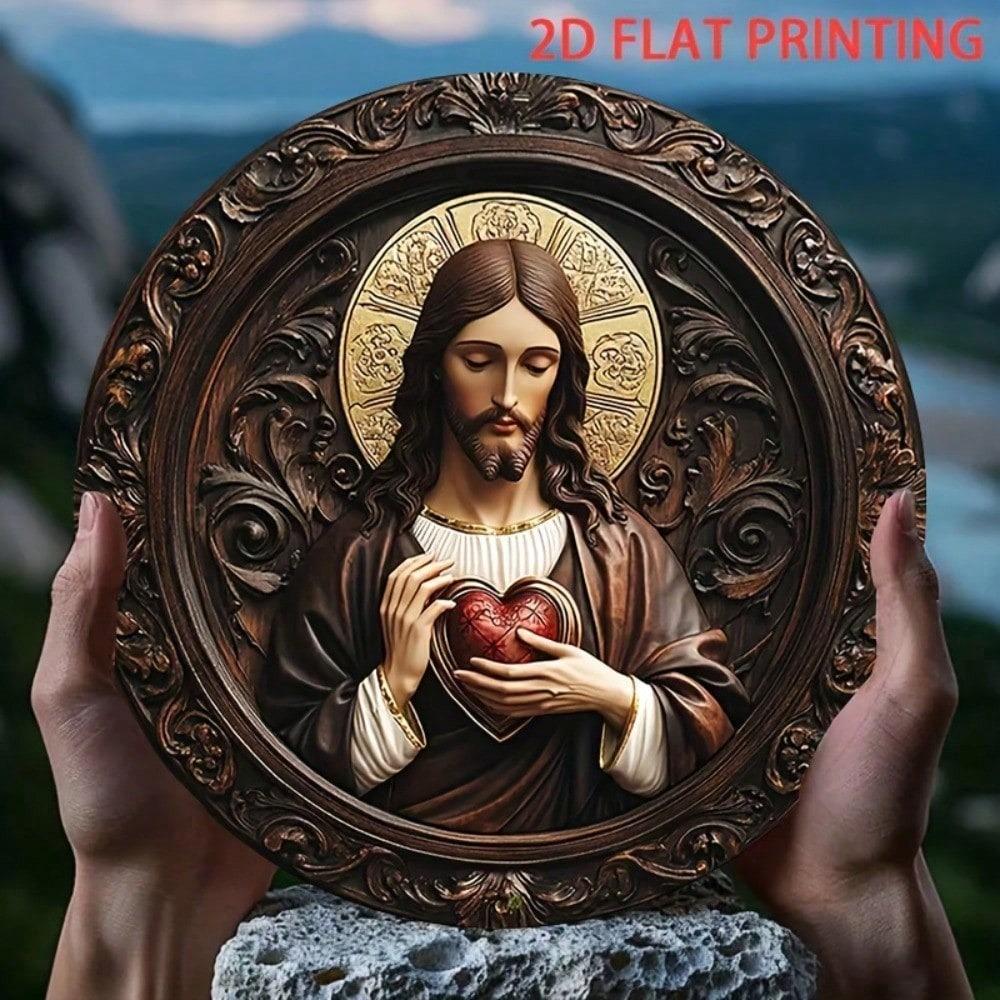 Metal Wall Art Sacred Heart of Jesus Christ Religious Icon for Living Room