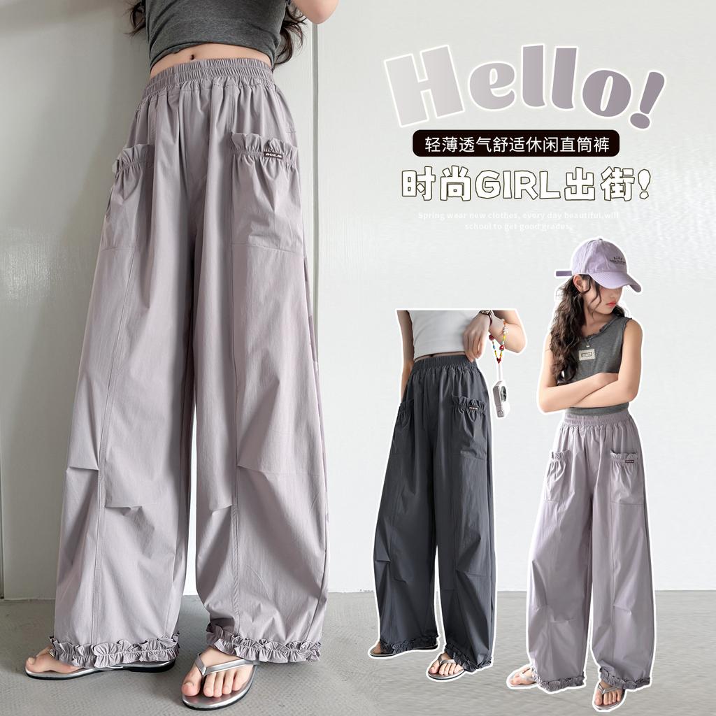 Girls' Summer Casual Pants, Thin Pants, 2026 New Style, Korean Version for Little Girls, Black Fungus Edge Cropped Pants, Children's Summer Clothes
