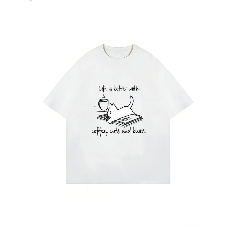 Oversized T Shirt Black Cat Reading Book Print For Casual Wear
