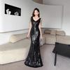 Evening Dress Women's Banquet Temperament Advanced Sense Light Luxury Niche High-end Host Bright Tassel Shoulder Slim Fishtail Dress
