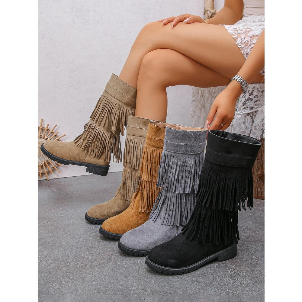 Dámské semišové boty s dvojitým třásněm, kotníkové boty na robustním středním podpatku se zipem na boku a kulatou špičkou, široké lýtko, nadměrné velikosti, dlouhé boty na podzim/zimu