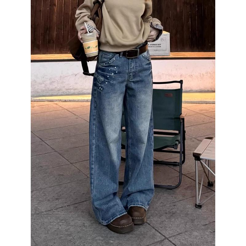 JYL Unisex Wide-Leg Jeans American Rivet Lightning Trendy Niche Washed Denim S бездна