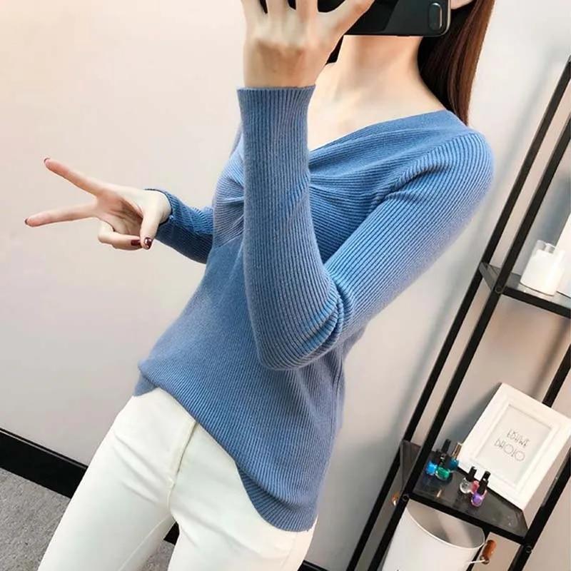 Pullover mit V-Ausschnitt für Damen, schmale Passform, kurzes Oberteil, Pull-Pullover, Strickpullover, solide Langarm-Damen, Frühling und Herbst