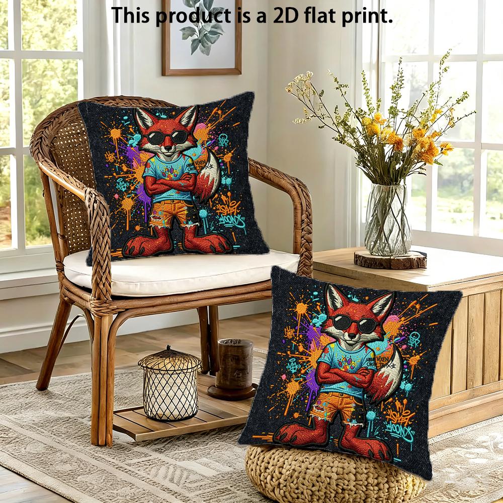 2Pcs Graffiti Cool Fox Throw Pillow Covers,2D Flat Print Decorative Square Cushion Cases For Sofa Bedroom Living Room