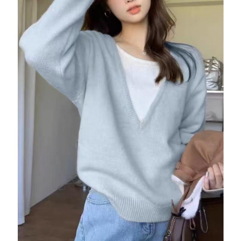 

Autumn and winter new fake two-piece knitted sweater women s design sense loose inside backing sweater chic top average size светло-синий