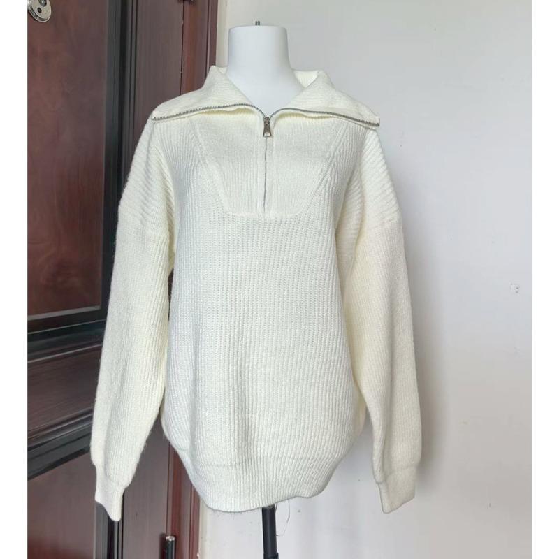 Half zipper knitted sweater autumn and winter fashion lapel simple casual temperament large size sweater women
