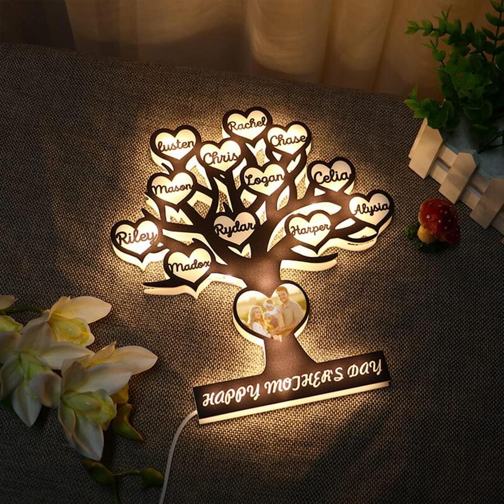 Personalized Photo Family Tree Acrylic Lights Custom 1-12 Child's Names Tree of Life Night Light Mom LED Lamp Mothers Day Room Decor Gift for Mom