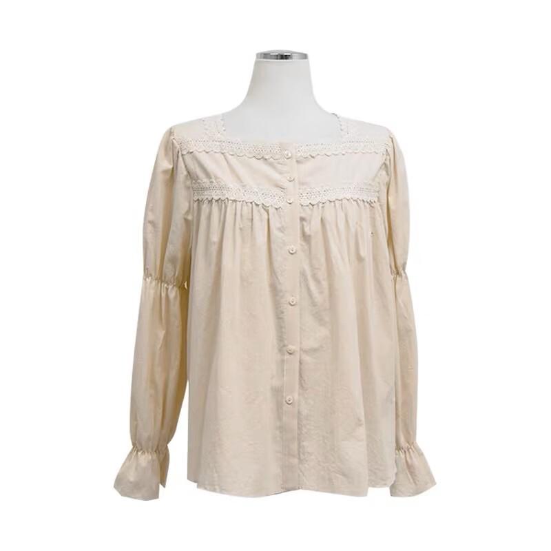 Women's French Retro Square Neck Lace Trim Shirt with Bell Sleeves - Spring/Autumn