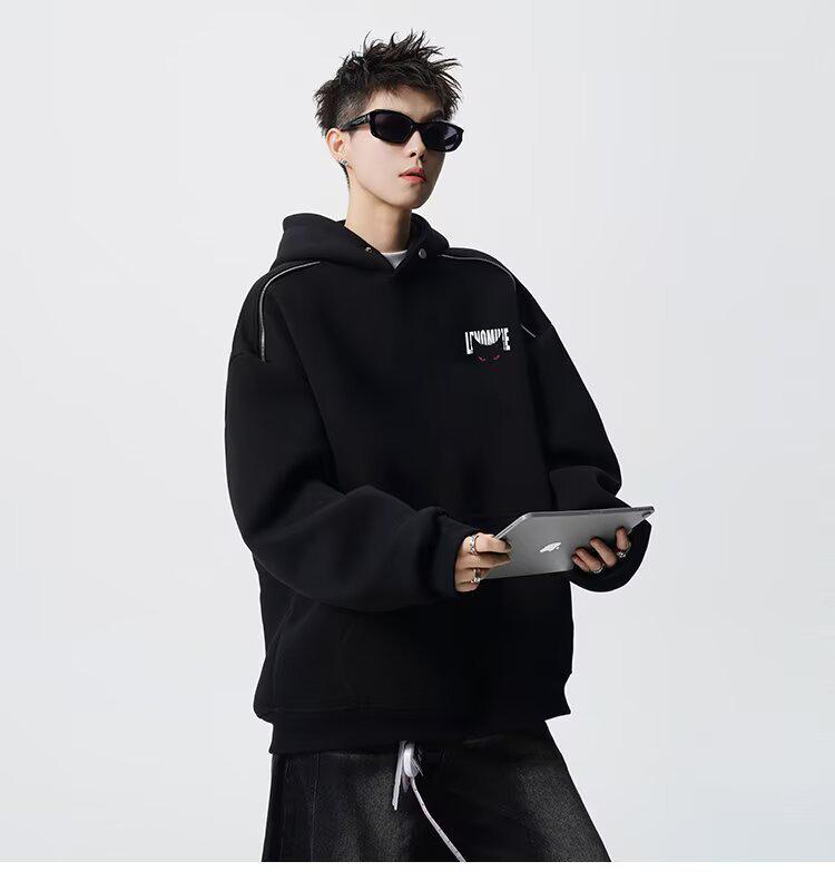 Men's Autumn Black Demon Cat Print Heavyweight Loose Fit Hoodie